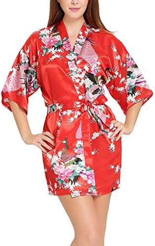 Miimo R001 Women's Kimono Robe Nightgown Short Style - Peacock &amp; Blossoms (M, Red)
