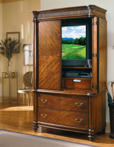 Home Elegance Classic Roman Style Mirrored Armoire Single Door 1 Bottom Drawer Distressed Cherry finish with Gold Accents 957-11