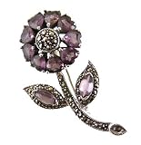 Vintage Large Sterling Silver Amethyst & Marcasite Flower Brooch