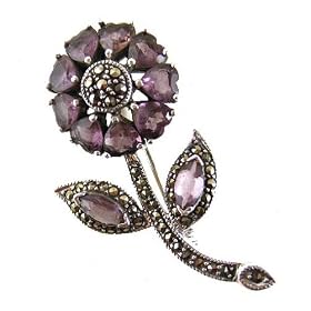 Vintage Large Sterling Silver Amethyst and Marcasite Flower Brooch by Solid Silver