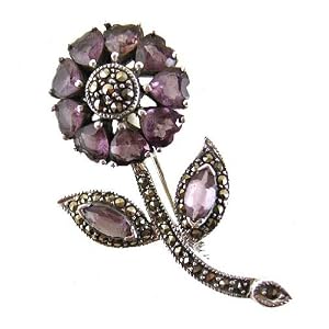 Vintage Large Sterling Silver Amethyst and Marcasite Flower Brooch by