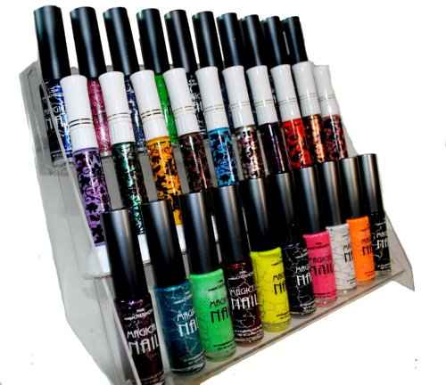 Elegant 30 Piece Color Nail Lacquer with Display Rack (Nail Art Brush Style) Combo Set + 6 Sets of Scented Nail Polish Remover - Magical
