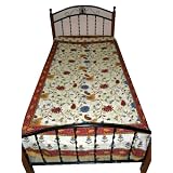 Cream Red Floral Print Cotton Bedsheet Twin Throw Bedspread Throw