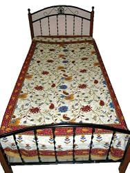 Cream Red Floral Print Cotton Bedsheet Twin Throw Bedspread Throw