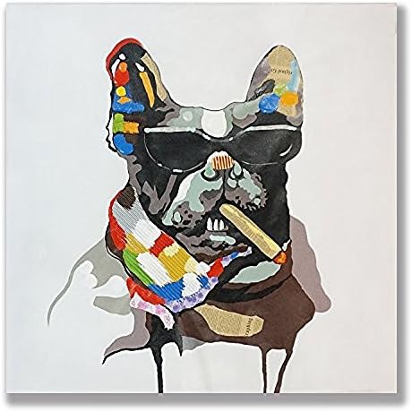 WALL ARTS Textured Paint Smoking Bulldog Handmade Oil Painting Wall Art 80 x 80 x 3 cm For Room