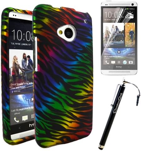 MINITURTLE(TM) HTC ONE M7 Rainbow Zebra Print Green Yellow Red Purple Blue Green Image Design Protective Case Cover with Bonus Screen Protector Film and Large Stylus Pen