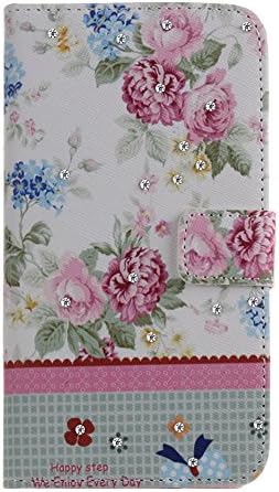 IKASEFU (TM) Cute Floral Flower Series Soft TPU Inner Inlaid Shiny Glitter Bling Diamond Pu Leather Flip Protective Case Cover with Stand Compatible with Samsung Galaxy S5 i9600