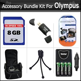 8GB Accessory Bundle Kit for Olympus SP-620UZ, SP-610UZ, SP-600UZ, FE-46, FE-47 Digital Camera Includes 8GB High Speed SD Memory card + USB 2.0 Card Reader + 4 AA High Capacity Rechargeable NIMH Batteries And AC/DC Rapid Charger + Deluxe Case + More