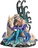 Blue and Purple Fairy Sitting in Water with White Unicorn Statue