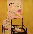 Watercolor Hand Painted Original painting - Woman in cheongsam with cat in traditional Chinese chair