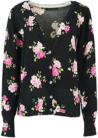 Chancen Women's Long Sleeve V Neck Vintage Floral Print Knitted Cardigan White