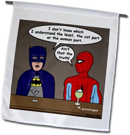 fl_3828_1 Rich Diesslins Funny General Cartoons - Super Hero Parody with Batman and Spiderman at the bar - Flags - 12 x 18 inch Garden Flag