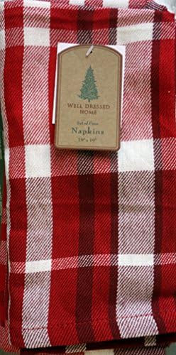 Well Dressed Home Set of 4 Fabric Cotton Napkins Christmas Holiday Tartan Plaid Pattern in Shades of Red and White with Black Highlights