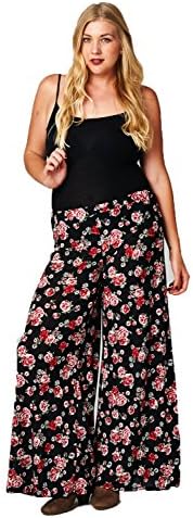 Frumos Womens Floral Print Palazzo Elatic Banded Plus Size Pants Flower Black 3XL