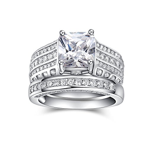 Sterling Silver Princess-cut Center with Round Side Stones Cz Wedding Ring Set