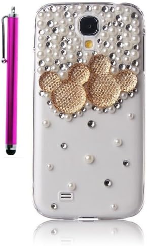 Aenmil(TM) 3D Bling Crystal Pearl Mickey Minnie Mouse Diamond Transparent Case for Samsung Galaxy S4 / SIV / i9500 and Free Gift Hot-pink Touch Pen (Gold)