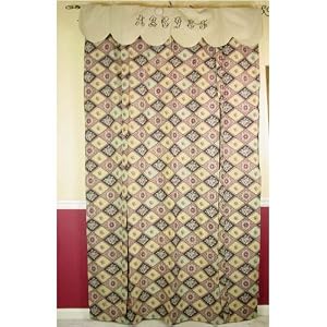 French Taupe Roses Toile Alphabet Figural Blind or Curtain with Embroidered Scalloped Valance