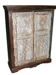 Antique India Furniture Hand Carved Armoire Cabinet Chest From Gujrat Blue Patina 50x27x16