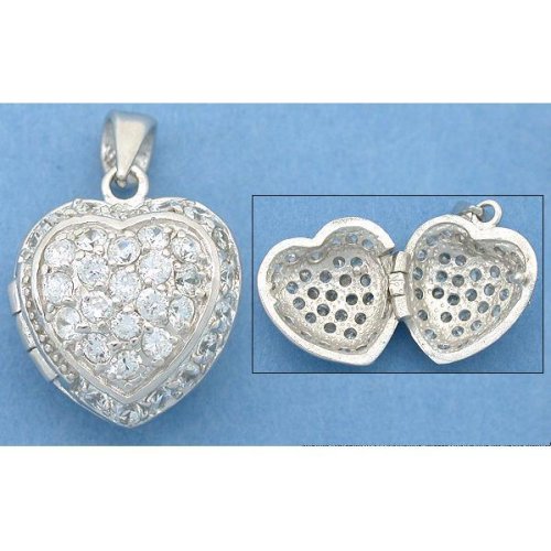 Sterling Silver CZ Heart Locket Pave Jewelry 17.5mm
