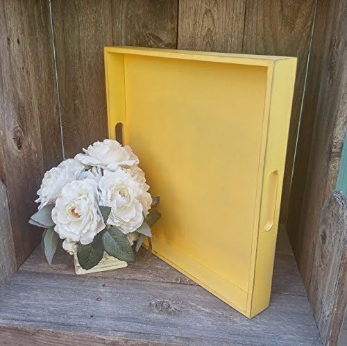 Square Tray - Shabby Chic - Antiqued - Large Yellow Wood Serving Tray - 16 x 16 inches Square