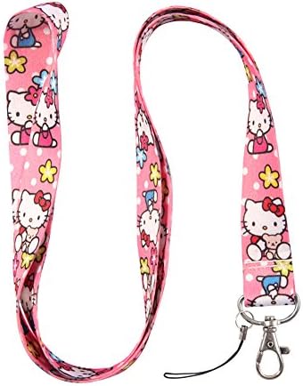 Pink White Dot Cat &amp; Star Keychain Key Chain Lanyard Straps with Mini Silver Steel Spring Clips (MCL-170)