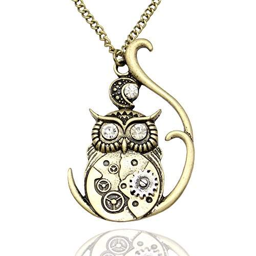 Vintage Ornate 3D Owl Moon Watch Clock Hand Gear Cog Steampunk Chain Fancy Dress Necklace