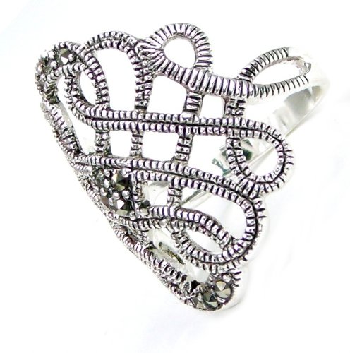 Beautiful, 1 Inch Long 925 Sterling Silver Black 1/2 Carat Diamond Filigree Accented Cocktail Engagement Ring, Size 6