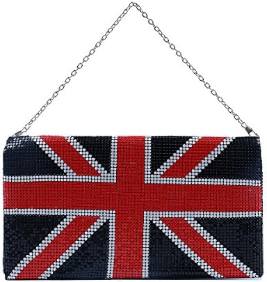 Jefy Diamond Messenger Style Uk British Flag Metal Beads Party Evening Clutch Handbag with Strap