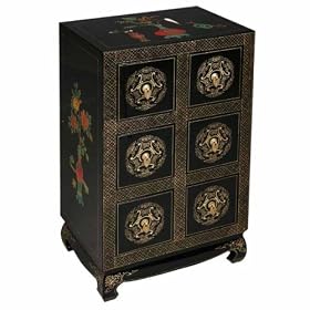 Handmade Asian Furniture - 31" Black Lacquer Wood Chinese Medicine Cabinet W/ Temple Vases Motif