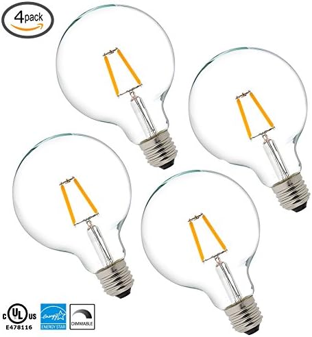 LytheLED™ LED G25 Globe Vintage Filament Bulb, 2W (25W Replacement) 2700K Warm White, 220 Lumens, (E26) Medium Base, Dimmable, UL-Listed (4-PACK)
