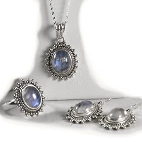 Rainbow Moonstone Earring, Ring, and Necklace Set Sterling Silver by 
