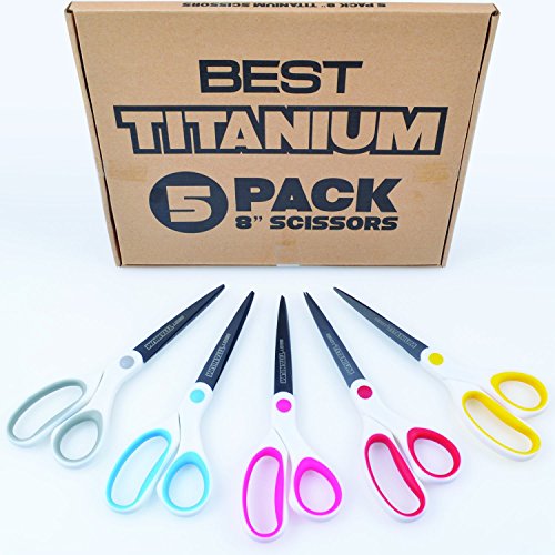 Best-Titanium-Scissors-5-Pack-8-Blade-STRONG-TITANIUM-STEEL-Comfortable-Soft-Handles-in-a-Variety-of-Colors-Multi-Purpose-Shears-Perfect-for-Cutting-Paper-Fabric-Photos-More