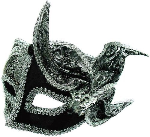 Imagen principal de Black and silver brocade masquerade mask on headband with side fan detail (máscara/ careta)