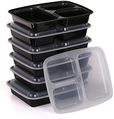 Estilo 3-compartment Microwave Safe Food Container with Lid/divided Plate/bento Box/lunch Tray with Cover, Black, 6-pack by Estilo TM