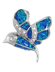 Sterling Silver Hummingbird Pendant, Synthetic Opal Inlay & CZ stones, 15/16 inch Tall