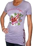 CHRISTIAN AUDIGIER Ed Hardy Womens Bamboo Tattoo Heart Roses T-Shirt Tee Top Lavender