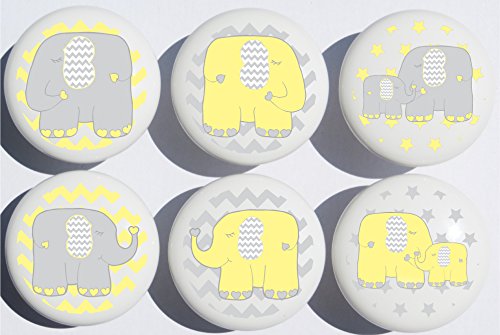 Yellow Elephant Drawer Pulls / Elephant Nursery Decor Ceramic Drawer Knobs, 6 Set (Yellow Elephants)