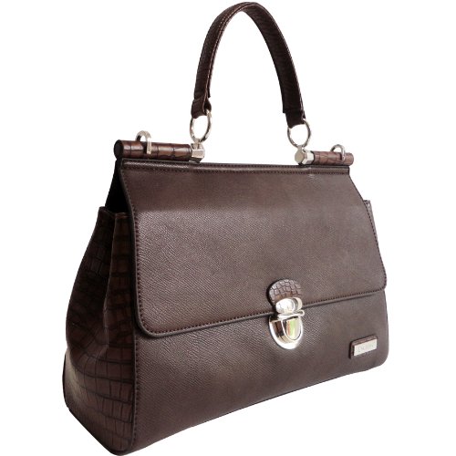 Exquisite Womens Croco Texture Satchel Style Designer Briefcase Laptop Bag with Front Buckle (Coffee with Brown Trim)