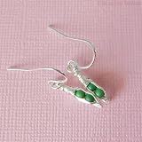 Peapod Earrings - cute handmade pea pods- 2 matte opal green peas in silver pods