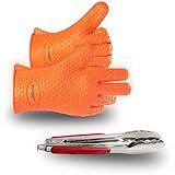 BBQ Gloves Silicone Heat Resistant BBQ Grill Gloves Great for Barbeque, Oven, Cooking, Frying, Baking, Smoking, Potholder, FDA Approved and BPA Free (Tong included)