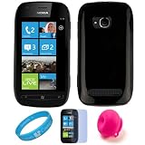 Black TPU Protective Form-Fitting Skin Cover for T-Mobile Nokia Lumia 710 Nokia Windows Phone + Clear Screen Protector + Pink Rubber Suction Stand + SumacLife TM Wisdom*Courage Wristband