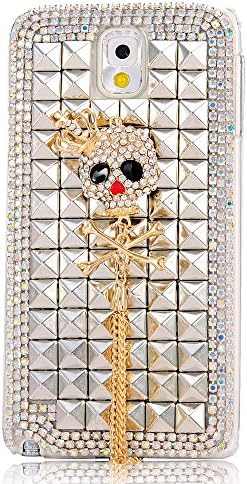 Samsung Note 3 Case- Mavis's Diary 3D Handmade Golden Shiny Bling Cross Crown Skull Pendent with Full Crystal Sparkly Diamond Rhinestone Rivets Design Clear Hard Cover Case for Samsung Galaxy Note3 N9000 N9005 N9006 with Soft Clean Cloth