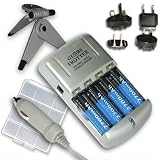 Fast & Portable International 2-HR AA / AAA Nimh Battery Charger for HOME & TRAVEL w/ Car Adapter Cord & World Plug Kit Includes (4) Premium 2700 MAH Ni-MH Batteries ***Includes Mini Tripod & Battery Holder***