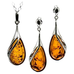 Certified Genuine Baltic Honey Amber and Sterling Silver Drop Pendant and Earrings Set, Rolo Chain 18