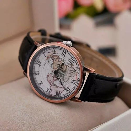 Affute Women's World Map Pattern PU Leather Strap Wristwatch (black)