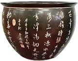Black Brown Hand Etched Porcelain Fishbowl with Chinese Calligraphy