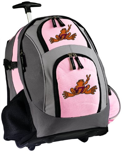 Virginia Tech Peace Frog Rolling Backpack Deluxe Pink - Backpacks Bags with Wheels or School Trolley Bags - Unique Gifts - CUTE!