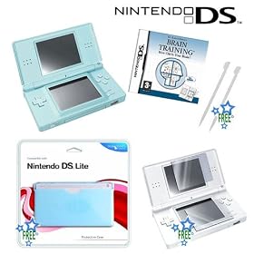 Nintendo DS Lite Ice Blue + Dr Kawashima's Brain Training Game & Free Crystal Protector Accessory Pack