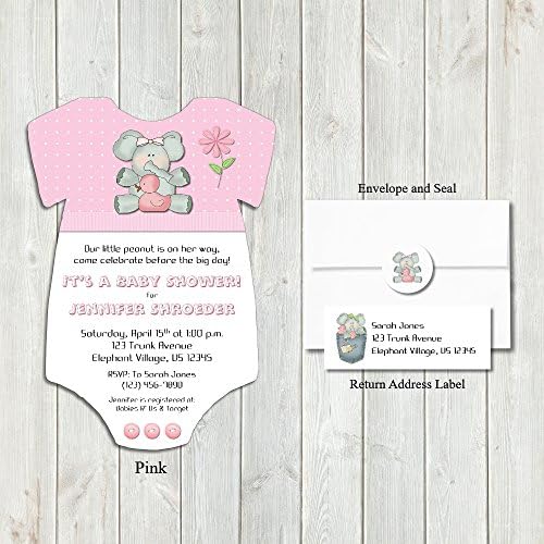 Elephant One piece Baby Shower Invitations - Girl- set of 10 - PRINTED