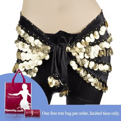 BellyLady Black Velour Simple Style Hip Scarf, 508 Gold Coins, Tote Bag Included